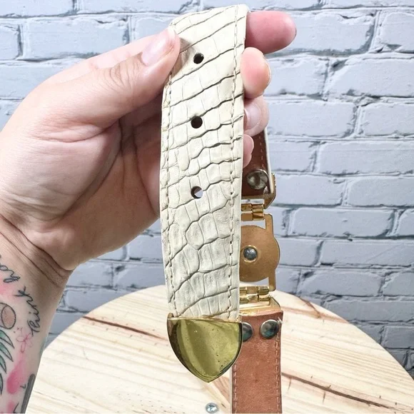 Vintage El General Genuine Caiman Skin Belt Cream Gold Metal Lion Western 40
